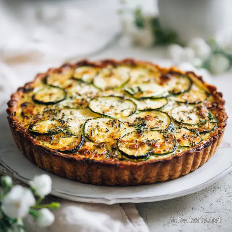 A perfectly sliced wedge of zucchini and feta tart, showcasing flaky pastry and glistening toppings on a rustic plate.