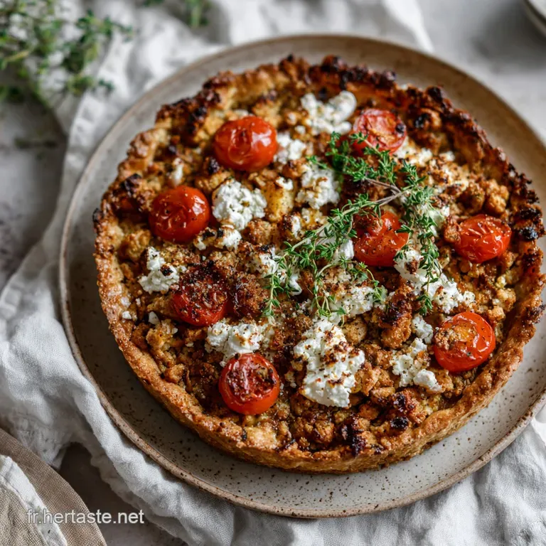 A slice of hearty ground meat and goat cheese tart, artfully arranged with fresh herbs.