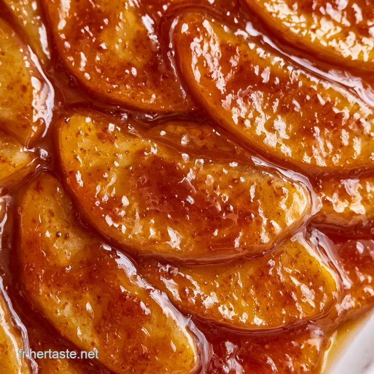 Une tranche de pommes fondantes pos&eacute;e sur une assiette blanche, texture moelleuse et reflets dor&eacute;s et sucr&eacute;s.