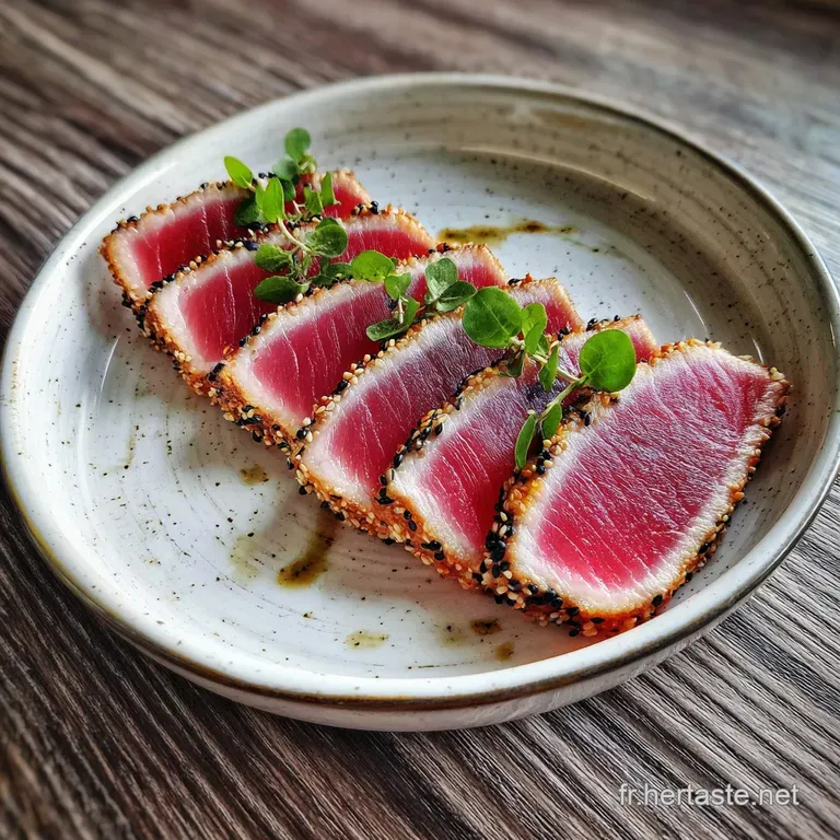 Elegant plate featuring ruby-red tuna crusted in sesame, bright lemon, with a drizzle of glistening oil. Fresh and inviting.