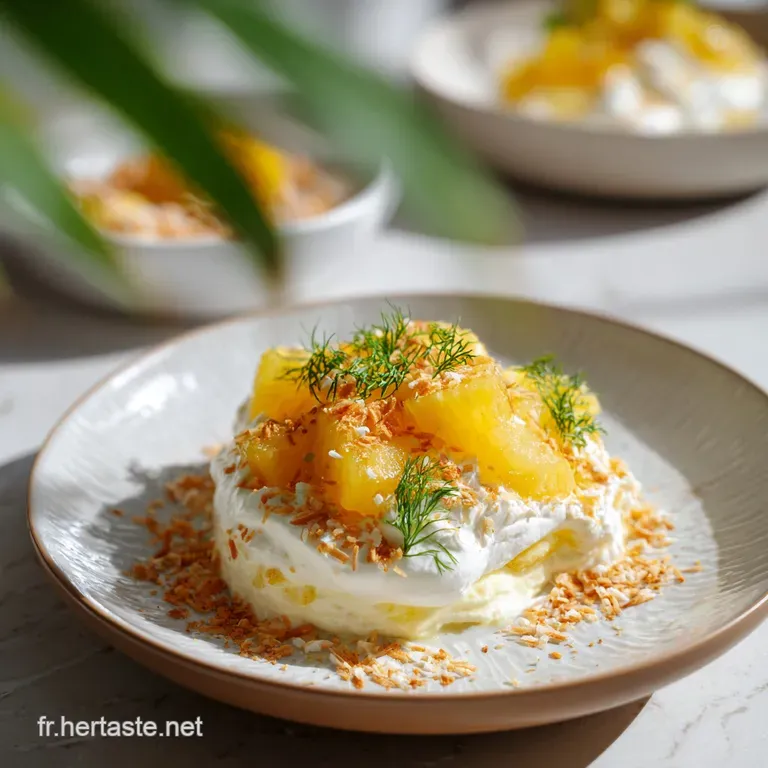 A slice of tropical tiramisu revealing moist ladyfingers and a dusting of toasted coconut flakes.