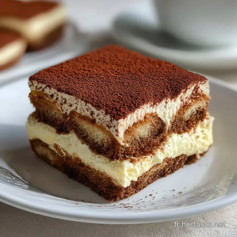 Elegant slice of chocolate tiramisu on a white plate. Whipped cream rosette and cocoa dusting add texture and visual appeal.