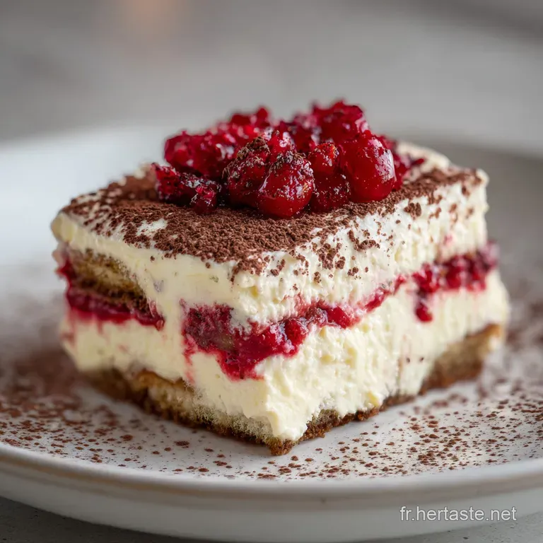 Elegant tiramisu dessert: layers of coffee-soaked ladyfingers, rich mascarpone, bright berries dusted with cocoa powder on...