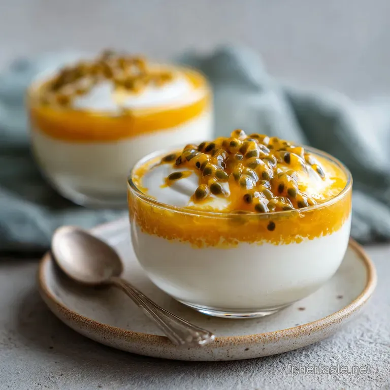 Vibrant yellow layers in a clear glass topped with fresh passionfruit seeds and a sprig of green mint leaves.