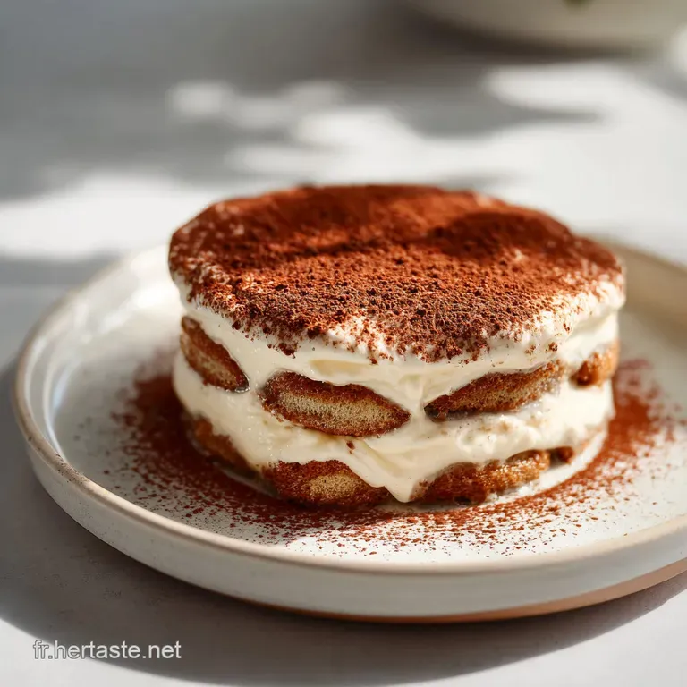 A slice of layered tiramisu is plated with a cocoa dusting and a cookie on the side, hinting at the creamy richness and sp...