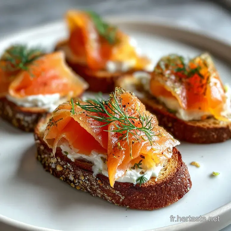 Elegant plate featuring toasted bread slices layered with salmon, cream cheese, vibrant green herbs, and a drizzle of oliv...