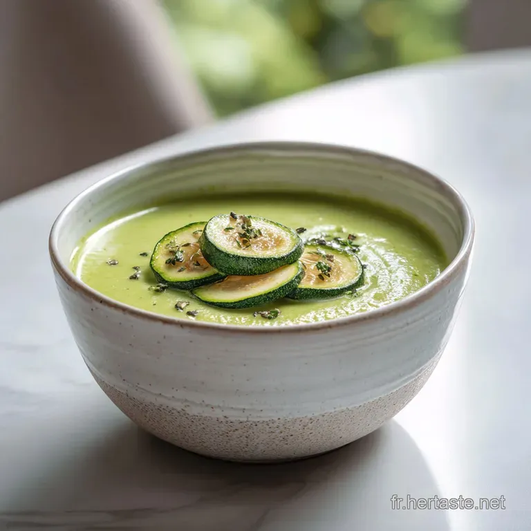 Silky smooth, pale green courgette velout&eacute; served in a modern white bowl, topped with a drizzle of olive oil and delicate ...