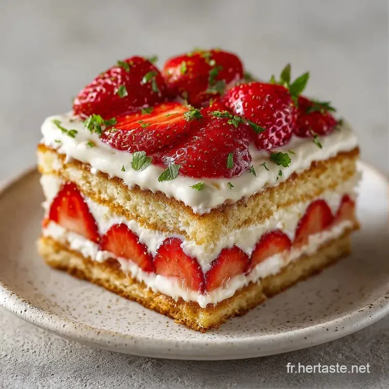 Part triangulaire r&eacute;v&eacute;lant des couches de biscuit dor&eacute;, de cr&egrave;me onctueuse et de fraises fra&icirc;ches sur une assiette chic.