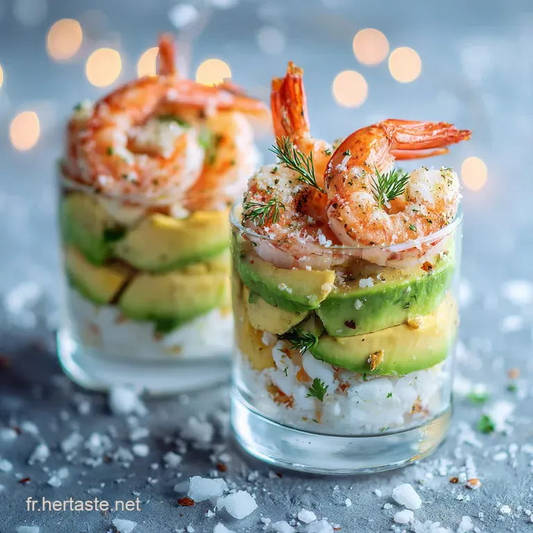 Elegant verrine glass showcasing layers of green avocado cream, delicate pink shrimp, topped with a sprig of fresh dill.