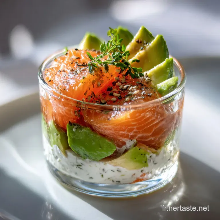 Elegant verrine with creamy avocado mousse, delicate salmon ribbons, and a sprinkle of fresh dill in a sparkling glass.