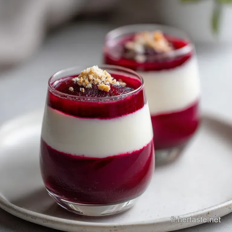 Elegant verrine. Layers of deep pink beet, snowy cream, toasted nuts create beautiful textures. A sophisticated appetizer.