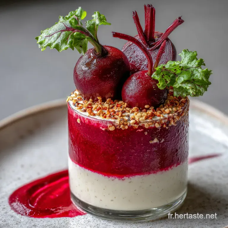 Elegant beet verrine presentation: layered ruby red beet mixture in a tall glass, topped with dollops of creamy white, fre...