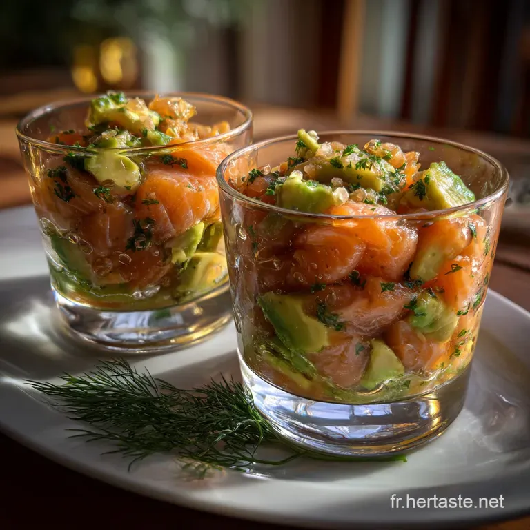 Elegant verrines artfully arranged on a platter. Smooth, pale mousse is topped with colorful elements. Simple, yet sophist...