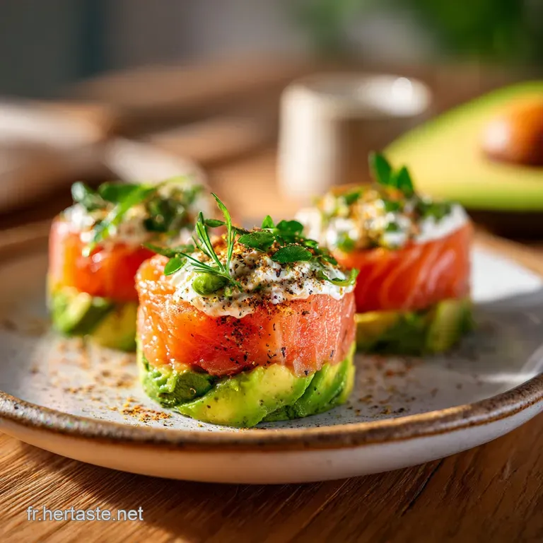 Individual verrine glass filled with layers of pale green avocado mousse and vibrant pink salmon. A sophisticated and colo...