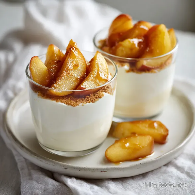 Delicate glass verrines filled with smooth white cream and topped with jewel-like caramelized apple slices.