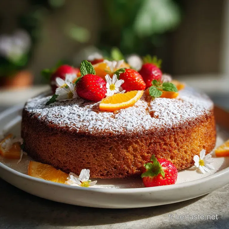 Slice of rich, buttery Breton cake on a white plate, beside a dollop of cr&egrave;me fra&icirc;che and scattered raspberries.