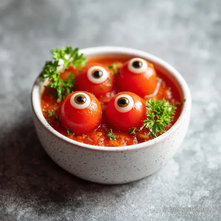 A deep red, steaming tomato sauce base topped with two bright white mozzarella 'eyeballs'.